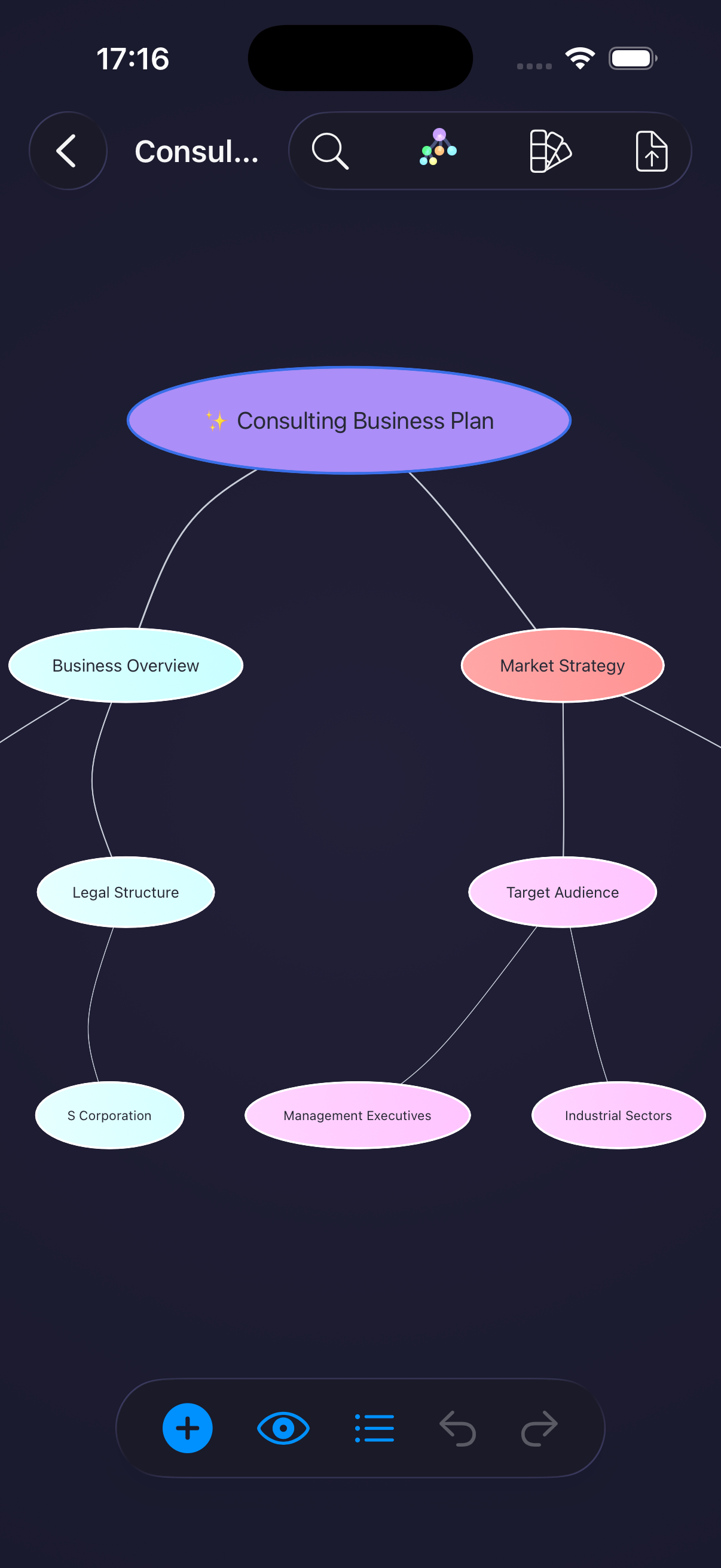 Converge mind map canvas on iPhone showing a Consulting Business Plan as the central node, with branches for Business Overview, Market Strategy, Legal Structure, and Target Audience.